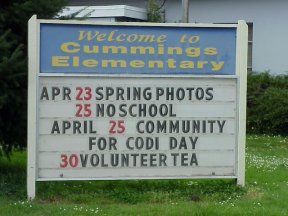 Codi's Life: Community for Codi Day April 25, 2003 - Sign at Cummings Elementary School.