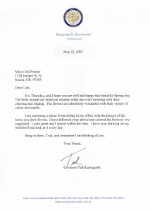 Letter to Codi from Governor Ted Kulongoski