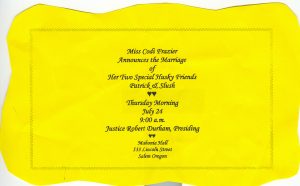 Wedding invitation for Patrick and Slush - The marriage to be performed at the Oregon Governor's Mansion.